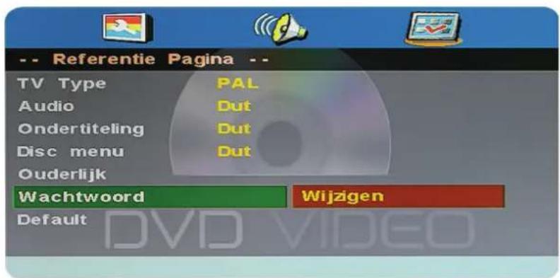 -- Referentie Pagina -- TV Type Audio Ondertiteling Disc menu Ouderlijk Wachtwoord Default PAL Dut Dut Dut Wijzigen