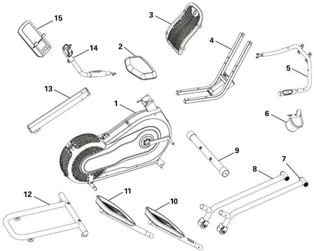 Technical diagram of a stationary exercise machine with numbered parts for identification.