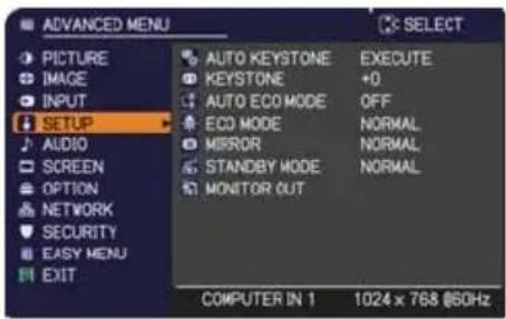 ADANCED MENU PICTURE IMAGE INPUT SETUP AUDIO SCREEN OPTION NETWORK SECURITY EASY MENU EXIT AUTO KEYSTONE EXECUTE KEystone +0 AUTO ECO MODE OFF ECO MODE NORMAL MIRROR NORMAL STANDBY MODE NORMAL MONITOR OUT COMPUTER IN 1 1024 x 768 @60Hz