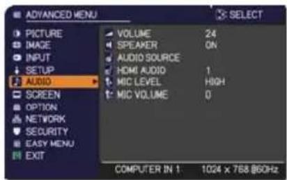ADVANCED MENU PICTURE IMAGE INPUT SETUP AUDIO SCREEN OPTION NETWORK SECURITY EASY MENU EXIT VOLUME 24 SPEAKER ON AUDIO SOURCE HDMI AUDIO 1 MIC LEVEL H0H MIC VOLUME 0 COMPUTER IN 1 1024 x 768 @60Hz