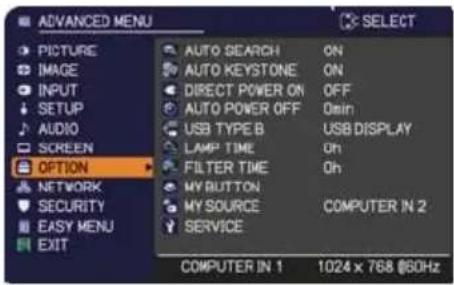 ADVANCED MENU PICTURE IMAGE INPUT SETUP AUDIO SCREEN OPTION NETWORK SECURITY EASY MENU EXIT AUTO SEARCH AUTO KEYSTONE DIRECT POWER ON AUTO POWER OFF USB TYPE B LAMP TIME FILTER TIME MY BUTTON MY SOURCE SERVICE ON ON OFF Omin USB DISPLAY Oh Oh COMPUTER IN 2 1024 x 768 @60Hz