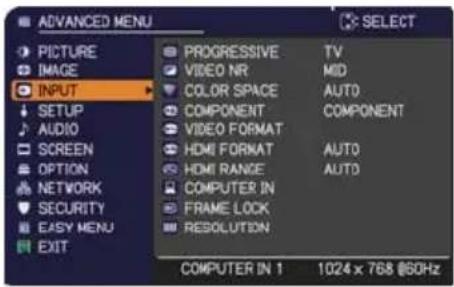ADANCED MENU PICTURE IMAGE INPUT SETUP AUDIO SCREEN OPTION NETWORK SECURITY EASY MENU EXIT PROGRESSIVE TV VIDEO NR MID COLOR SPACE AUTO COMPONENT COMPONENT VIDEO FORMAT HOME FORMAT AUTO HOME RANGE AUTO COMPUTER IN FRAME LOCK RESOLUTION COMPUTER IN 1 1024 x 768 @50Hz