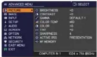 AD advanced MENU PICTURE IMAGE INPUT SETUP AUDIO SCREEN OPTION NETWORK SECURITY EASY MENU EXIT BRIGHTNESS CONTRAST GAMMA COLOR TEMP COLOR TNT SHARPNESS ACTIVE IRIS MY MEMORY +0 +0 DEFAULT-1 MID +0 +0 4 PRESENTATION COMPUTER IN 1 1024 x 784 @60Hz
