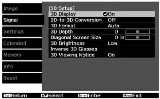 [3D Setup] 3D Display On Signal 2D-to-3D Conversion Off 3D Format Auto 3D Depth 0 Diagonal Screen Size 0 in 3D Brightness Low Inverse 3D Glasses 3D Viewing Notice On Ex Return Select Enter Move Exit