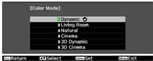 [Color Mode] Dynamic Living Room Natural Cinema 3D Dynamic 3D Cinema Iso Return Select Inter Set Menu Exit