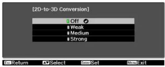 [2D-to-3D Conversion] Off Weak Medium Strong Exit Return Select Enter Set Menu Exit