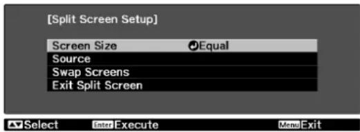 [Split Screen Setup] Screen Size Equal Source Swap Screens Exit Split Screen Select Inter Execute MendExit