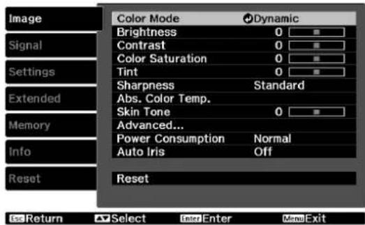 Image Signal Settings Extended Memory Info Reset Color Mode Dynamic Brightness 0 Contrast 0 Color Saturation 0 Tint 0 Sharpness Standard Abs. Color Temp. Skin Tone 0 Advanced... Power Consumption Normal Auto Iris Off Reset Select Enter Menu Exit