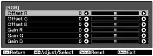 [RGB] Offset R 0 Offset G 0 Offset B 0 Gain R 0 Gain G 0 Gain B 0 End Return Adjust/Select Default Reset Manc Exit