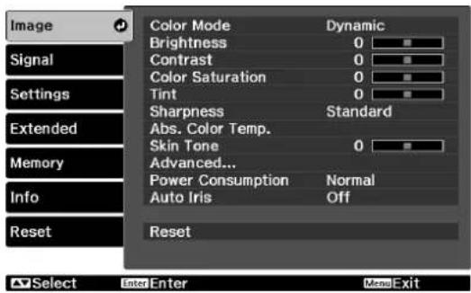 Image Signal Settings Extended Memory Info Reset Color Mode Dynamic Brightness 0 Contrast 0 Color Saturation 0 Tint 0 Sharpness Standard Abs. Color Temp. Skin Tone 0 Advanced... Power Consumption Normal Auto Iris Off Reset Select Enter Enter More Exit