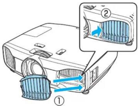 Diagram showing a projector with blue filter bands and labeled parts, including a zoomed-in view of the internal structure.