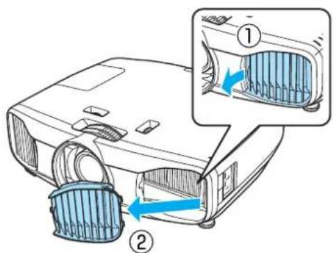 Diagram of a projector with labeled parts and blue arrows indicating flow direction, showing internal structure and component placement.