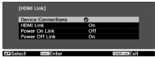 [HDMI Link] Device Connections HDMI Link On Power On Link Off Power Off Link On Select Enter Enter HDMI Link Exit