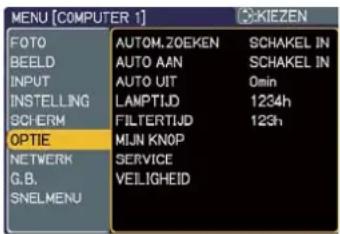 MENU [COMPUTER 1] FOTO BEELD INPUT INSTELLING SCHERM OPTIE NETWERK G.B. SNELMENU AUTOM.ZOEKEN AUTO AAN AUTO UIT LAMPTIJD FILTERTIJD MIJN KNOP SERVICE VEILIGHEID SCHAKEL IN SCHAKEL IN 0min 1234h 123h KIEZEN