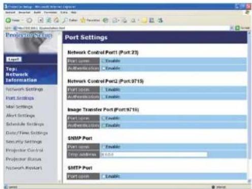 Port Settings Network Control Port1 (Port:23) Port Open Authentication Network Control Port2 (Port:9715) Port Open Authentication Image Transfer Port (Port:9716) Port Open Authentication SNMP Port Port Open Trip address SNMP Port Port Open Enable