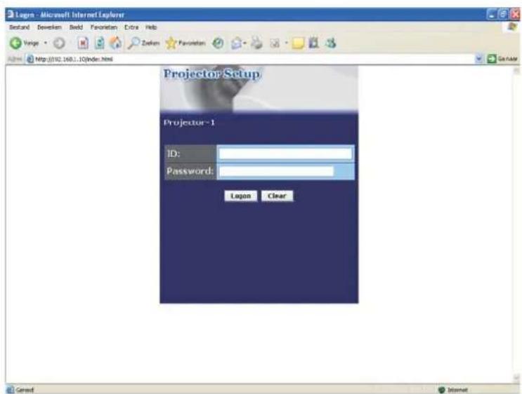 Logon - Microsoft Internet Explorer Bestand Desveken Bold Preference Extra Help Vange Zaken Preference http://192.160.1.10/index.html Projector Setup Projector-1 ID: Password: Logon Clear Getoff Internet