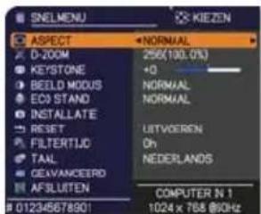 SNELMENU KIEZEN ASPECT D-ZOOM KEYSTONE BEELD MODUS ECO STAND INSTALLATE RESET FILTERTIJO TAAL DEAVANCEORD AFSLUTEN 012345678901 NORMAL 256(100.0%) +O NORMAL NORMAL UITVOEREN Dr NEDERLANDS COMPUTER N 1 1024 x 768 (90Hz)