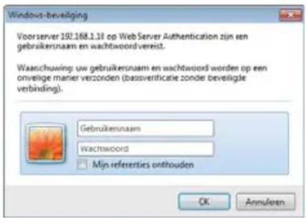 Windows-beveiliging Voorserver 192.168.1.16 op Web Server Authentication zijn een gebruikersnaam en wachtwoord vereist. Waatschuwing: uw gebruikersnaam en wachtwoord worden op een onvilige manier verzonden (bassverificatie zonder beveiligte verbinding). Gebruikersnaam wachtwoord Min referenties onthouden OK Annulieren