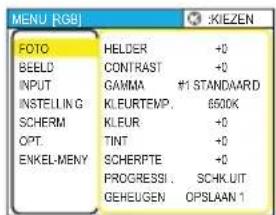 MENU [RGB] FOTO HELDER +0 BEELD CONTRAST +0 INPUT GAMMA #1 STANDAARD INSTEELING KLEURTEMP. 6500K SCHERM KLEUR +0 OPT.T(INT) TINT +0 ENKEL-MENY SCHERPTE +0 (PROGRESSI... SCHK UIT GEHEUGEN OPSLAAN 1