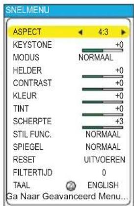 SNELMENU ASPECT 4:3 KEYSTONE +0 MODUS NORMAAL HELDER +0 CONTRAST +0 KLEUR +0 TINT +0 SCHERPTE +3 STIL FUNC. NORMAAL SPIEGEL NORMAAL RESET UITVOEREN FILTERTIJD 0 TAAL ENGLISH Ga Naar Geavanceerd Menu...