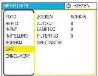 MENU | RGB FOTO ZOEKEN SCHK.IN BEELD AUTO UIT 0 INPUT LAMPTIJD 0 INSTELLING FILTERTIJD 0 SCHERM SPEC.INST.W. OPT. ENKEL-MENY