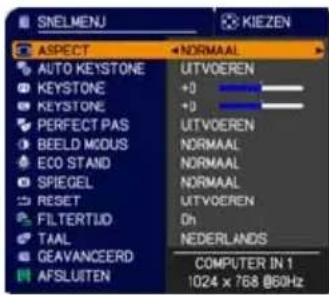 SNELMENU KIEZEN ASPECT AUTO KEYSTONE KEystone KEYSTONE PERFECT PAS BEELD MODUS ECO STAND SPIEGEL RESET FILTERTIJD TAAL GEAVANCEERD AFSLUITEN NORMAAL UTVOEREN +0 +0 UTVOEREN NORMAAL NORMAAL NORMAAL UTVOEREN Oh NEDERLANDS COMPUTER IN 1 1024 x 768 @60Hz
