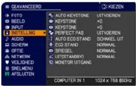 GEAVANCEERD FOTO BEELD INPUT INSTALLING AUDIO SOHERM OPTIE NETWORK VEILIGHED SNELMENU AFSLUITEN AUTO KEystone KEystone PERFECT PAS AUTO ECO STAND ECO STAND SPIEGEL UIT(STANDBY) MONITOR UITGANG KIEZEN UITVOEREN +0 +0 UITVOEREN SCHAKEL UIT NORMAAL NORMAAL NORMAAL COMPUTER IN 1 1024 x 768 (60Hz)