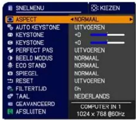 SNELMENU KIEZEN ASPECT NORMAAL AUTO KEYSTONE KEystone KEYSTONE PERFECT PAS BEELD MODUS ECO STAND SPIEGEL RESET FILTERTIJD TAAL GEAVANCEERD AFSLUITEN UITVOEREN +0 +0 UITVOEREN NORMAAL NORMAAL NORMAAL UITVOEREN 0h NEDERLANDS COMPUTER IN 1 1024 x 768 @60Hz