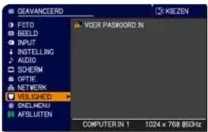 GEAVANCEERD FOTO BEELD INPUT INSTELLING AUDIO SCHERM OPTIE NETWORK VERLIGED SNELMENU AFSLUITEN VOER PASIWORD IN COMPUTER IN 1 1024 x 768 @6Hz