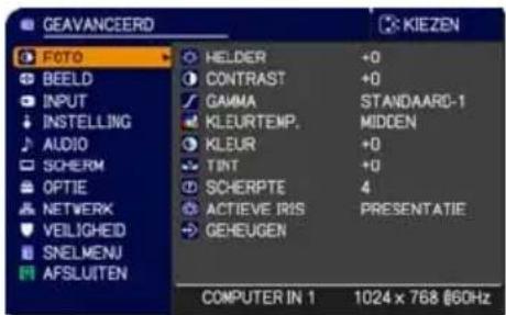 GEAVANCEERD FOTO BEELD INPUT INSTALLING AUDIO SCHERM OPTIE NETWORK VEILIGHEID SNELMENU AFSLUITEN HELDER +0 CONTRAST +0 GAMMA STANDAARC-1 KLEURTEMP. MIDDEN KLEUR +0 TINT +0 SCHERPTE 4 ACTIEVE IRIS PRESENTATIE GEHEUGEN COMPUTER IN 1 1024 x 768 @60Hz
