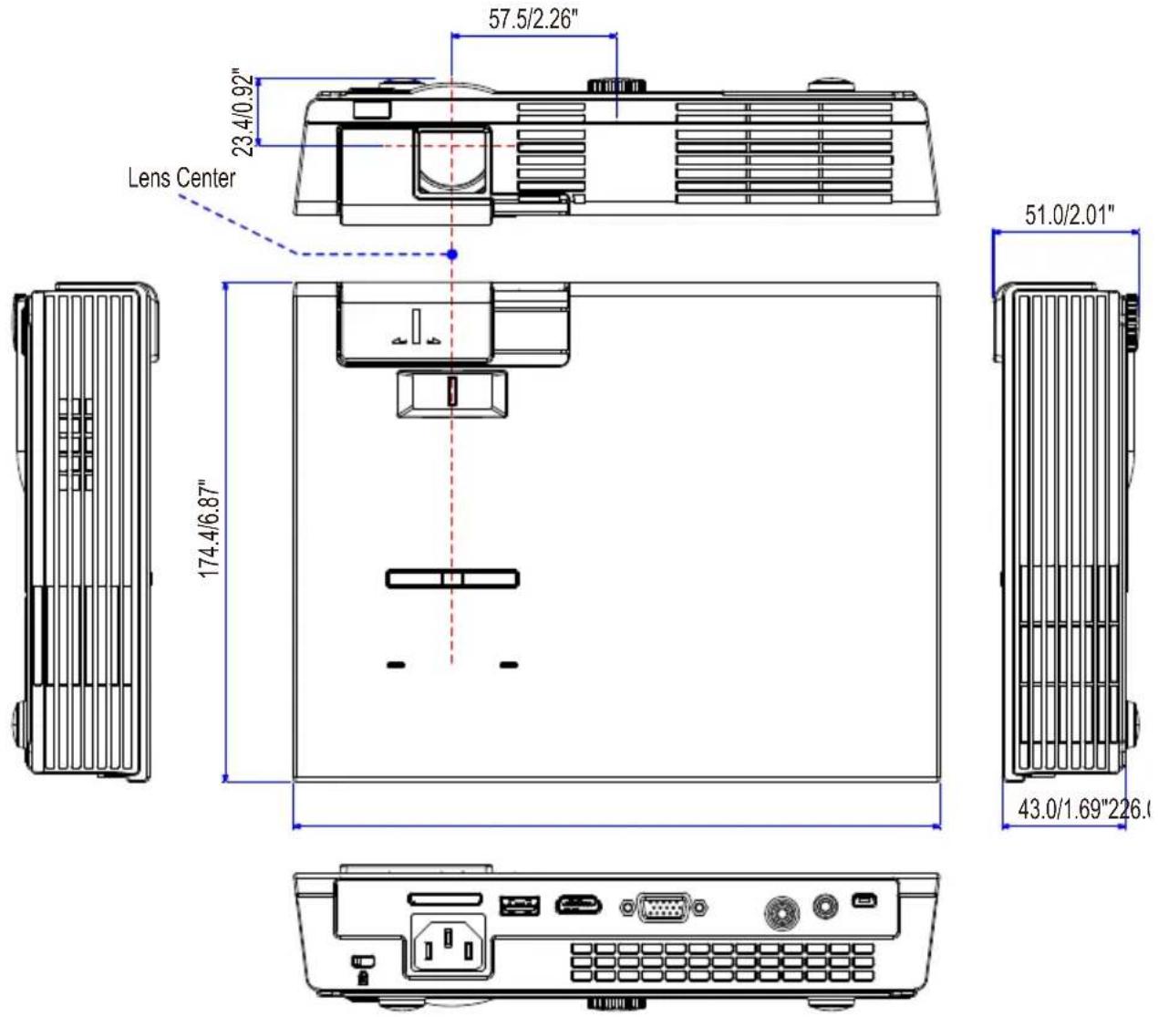 57.5/2.26" 23.4/0.92" Lens Center 174.4/6.87" 51.0/2.01" 43.0/1.69"226.0