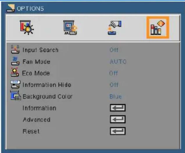 OPTIONS Input Search Off Fan Mode AUTO Eco Mode Off Information Hide Off Background Color Blue Information Advanced Reset