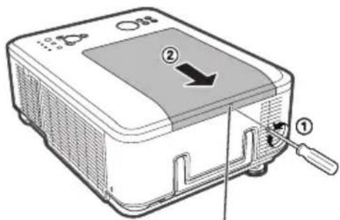Diagram of a projector with labeled parts and directional arrow indicating motion