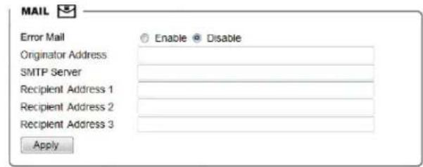MAIL Error Mail Originator Address SMTP Server Recipient Address 1 Recipient Address 2 Recipient Address 3 Apply Enable Disable