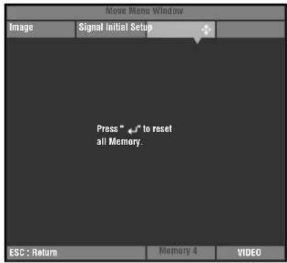 Move Menu Window Image | Signal Initial Setup | Press " ↓" to reset all Memory. ESC : Return Memory 4 VIDEO