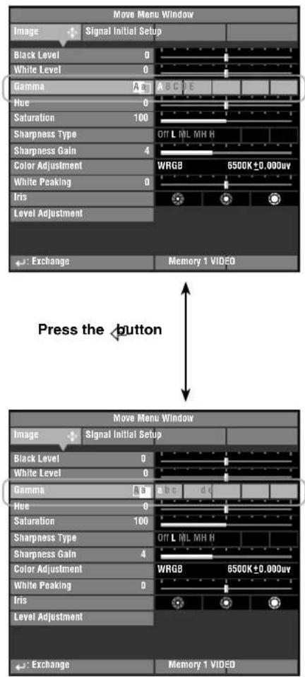 Move Menu Window Image Signal Initial Setup Black Level 0 White Level 0 Gamma A B A C D E Hue 0 Saturation 100 Sharpness Type OT L ML MH H Sharpness Gain 4 Color Adjustment WRGB 6500K±0.000uv White Peaking 0 Iris Level Adjustment ← Exchange Memory 1 VIDEO Press the button Move Menu Window Image Signal Initial Setup Black Level 0 White Level 0 Gamma A B a b c d e Hue 0 Saturation 100 Sharpness Type OT L ML MH H Sharpness Gain 4 Color Adjustment WRGB 6500K±0.000uv White Peaking 0 Iris Level Adjustment ← Exchange Memory 1 VIDEO