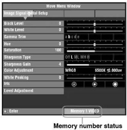 Move Menu Window Image Signal Initial Setup Black Level 0 White Level 0 Gamma Trim a b c d e Hue 0 Saturation 100 Sharpness Type OFF L ML MH B Sharpness Gain 4 Color Adjustment WRGB 6500K ±0.000uv White Peaking 0 Iris Level Adjustment +: Enter Memory 1 VIDEO Memory number status