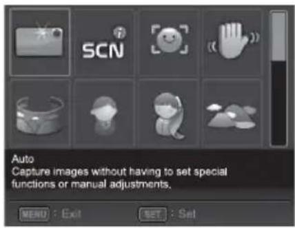 Auto Capture images without having to set special functions or manual adjustments. MENU : Exit SET : Set