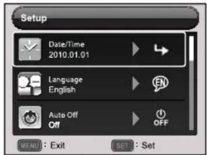 Setup Date/Time 2010.01.01 Language English Auto Off Off MENU : Exit SET : Set