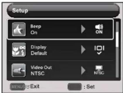 Setup Beep On Display Default Video Out NTSC ON I01 NTSC MENUSE: Exit : Set
