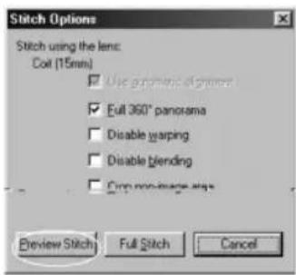 Stitch Options Stitch using the lens: Coil (15mm) ✓ Use geometric shape ✓ Full 360° panorama ☐ Disable warping ☐ Disable blending ☐ Drop non-image steps Preview Stitch Full Stitch Cancel