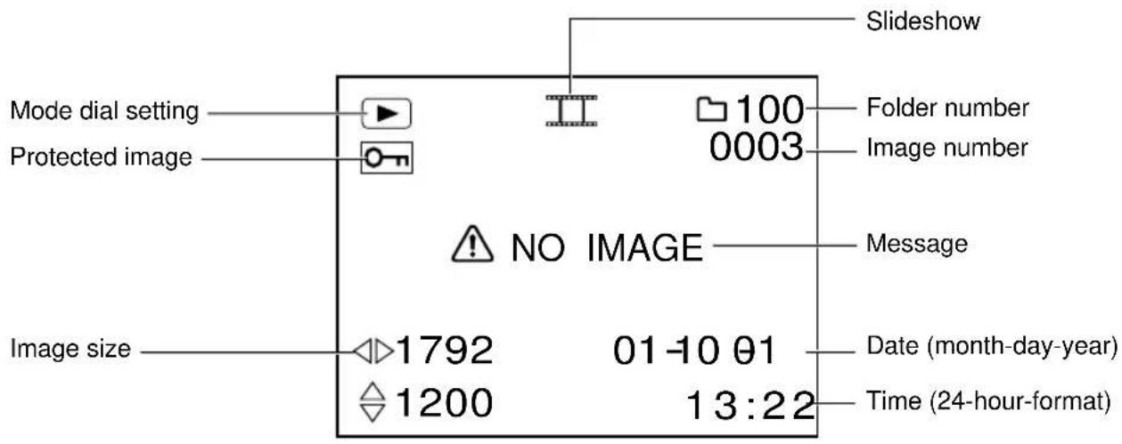 Mode dial setting Protected image Slideshow 100 0003 Folder number Image number NO IMAGE Message Image size 1792 01-10 01 1200 13:22 Date (month-day-year) Time (24-hour-format)