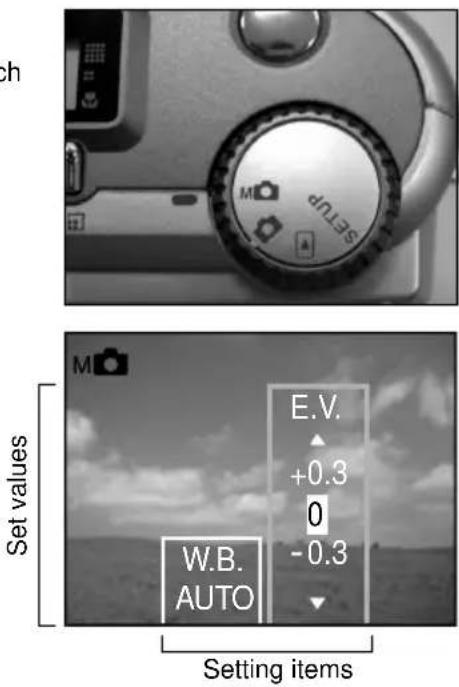 ch SETUP M Set values W.B. AUTO E.V. +0.3 0 -0.3 Setting items