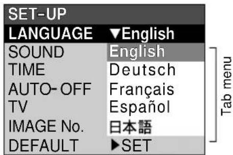 SET-UP LANGUAGE ▼English SOUND English TIME Deutsch AUTO-OFF Français TV Español IMAGE No. 日本語 DEFAULT ▶SET Tab menu