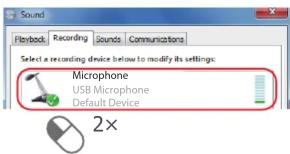 Sound Playback Recording Sounds Communications Select a recording device below to modify its settings: Microphone USB Microphone Default Device 2×