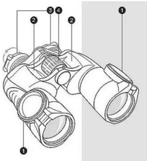 Labeled diagram of binoculars with numbered parts for identification