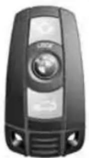 Black and white photo of a car key with a BMW logo and side buttons (no visible text or symbols)