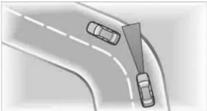Top-down view of a highway with two cars and an exclamation mark symbol (no text or labels)