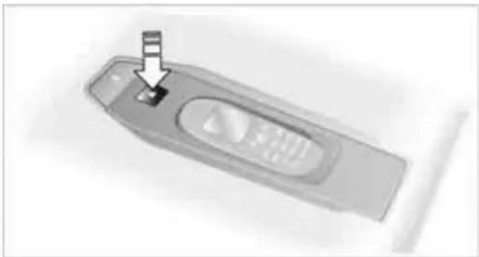Close-up of a mobile phone's front panel with a small button and a downward arrow pointing to it (no visible text or symbols)