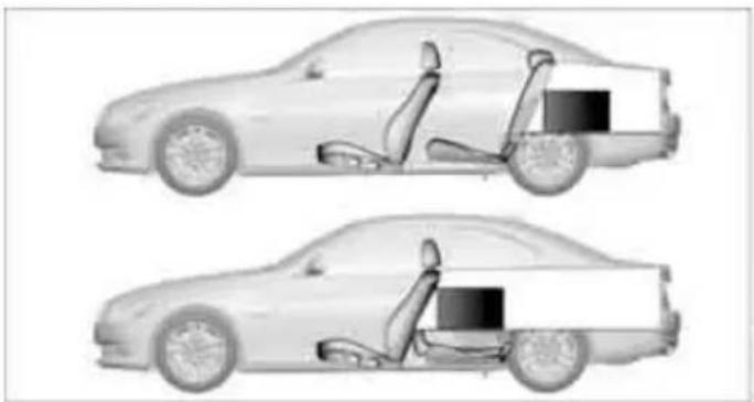 Side-by-side line drawings of a sedan showing front and side views, including seatbelt and driver seat (no text or symbols)